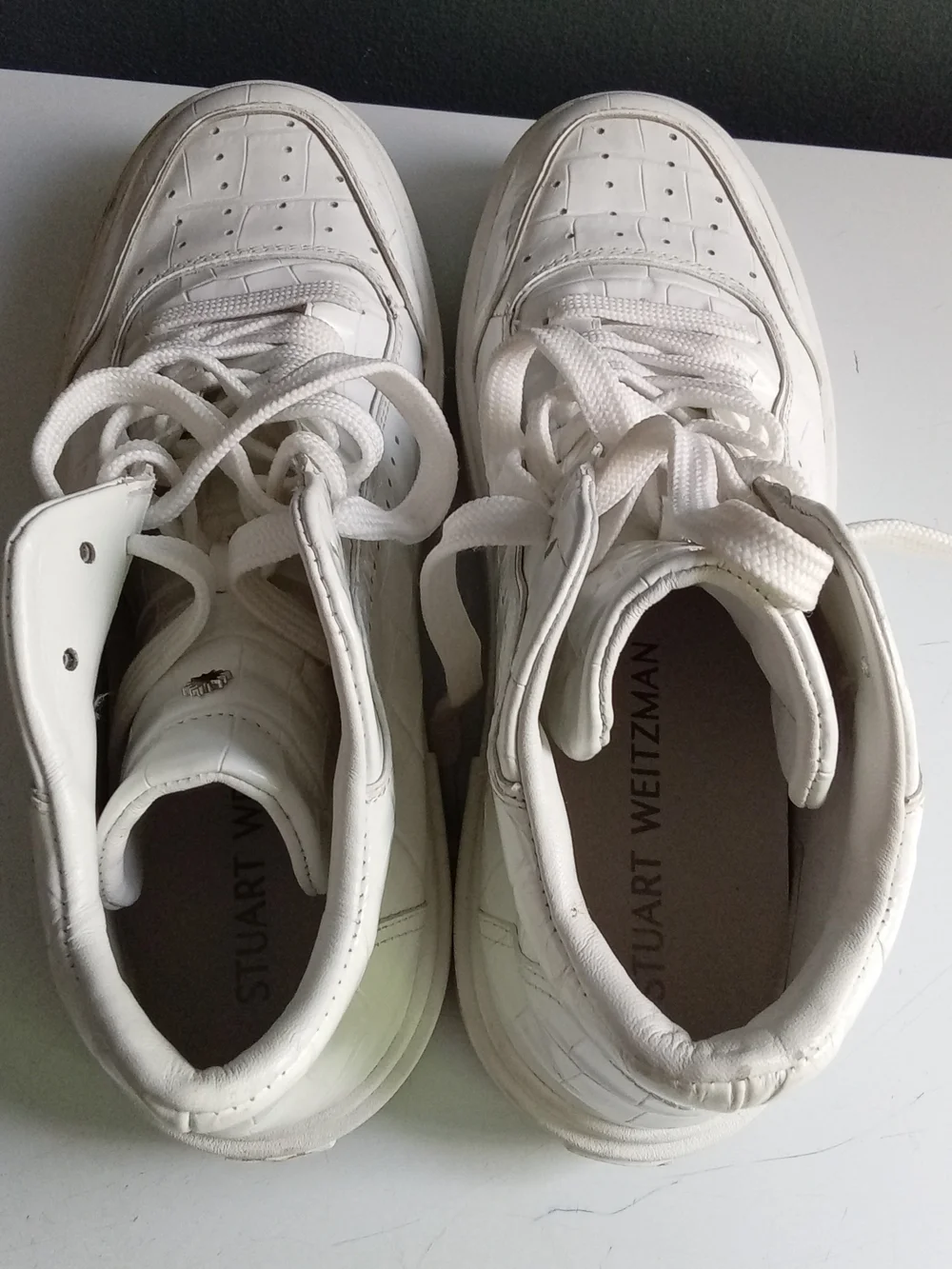 Stuart Weitzman White Croc Embossed Leather High Top Sneakers Platform Shoes
